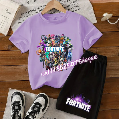 Angesagtes Fortnite-Kinder-Set mit T-Shirt und Shorts, Cartoon-Figur-Print, Sommer-Freizeit-Sportbekleidung für Jungen