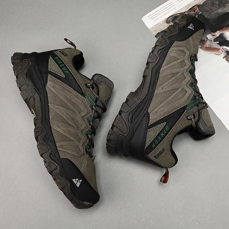 HIKEUP High Quality Leather Hiking Shoes Durable Outdoor Sport Men Trekking Leather Shoes Lace-Up Climbing Hunting Sneakers