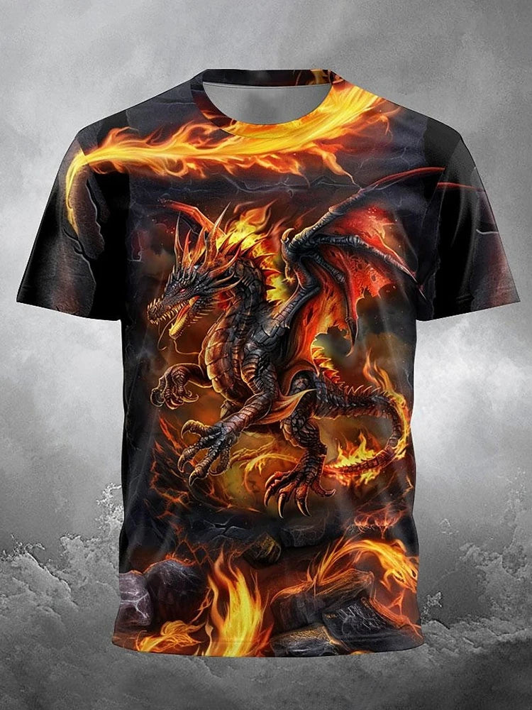 2024 zomer streetstyle heren-T-shirt, urban everyday casual top met korte mouwen, 3D-drakenprint, outdoor heren-T-shirt