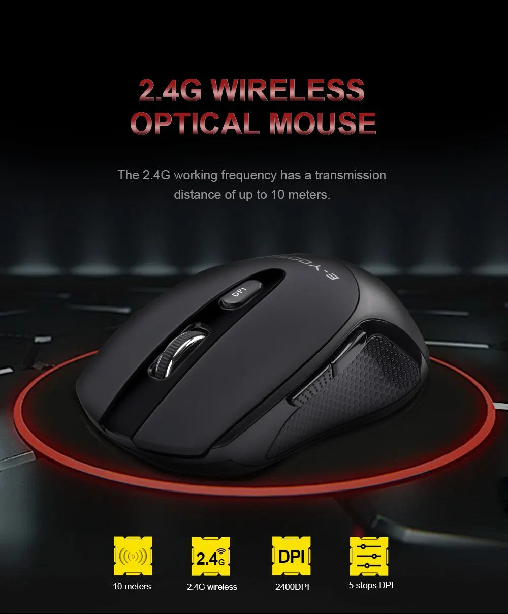 E-YOOSO E-1020 USB 2.4G Wireless Gaming Noiseless Mute Office Mouse 2400 DPI Optical Game Mice Ergonomic for Laptop PC Computer