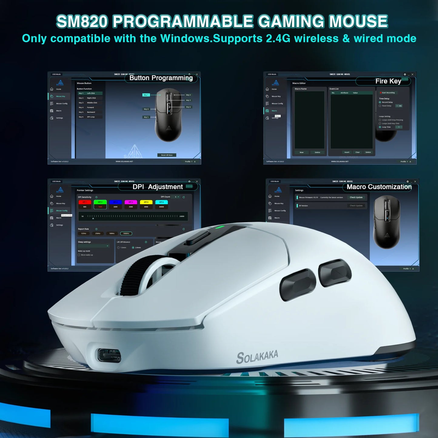 Solakaka SM820 Tri-Mode Wireless Mouse Magnetic Rechargeable Dock RGB PAW3311 24000DPI Wireless Macro Gaming Mouse Ultra-Light