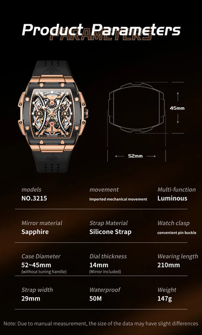 Relógio masculino OUPINKE clássico de luxo com mostrador tonneau, marca de topo, original, automático mecânico, bracelete em silicone e vidro de safira, novo