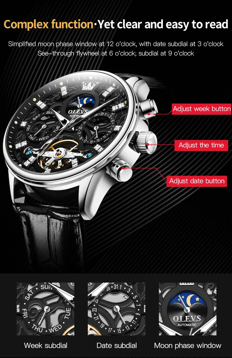 OLEVS 6658 Automatic Mechanical Watch for Man Leather Strap Waterproof Moon Phase Business Dress Men's Watches