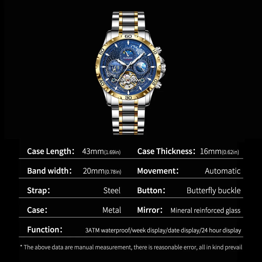 GLENAW Design Herrenuhr Top-Marke Luxusmode Business Automatikuhr für Herren Wasserdichte mechanische Uhr Montre Homme