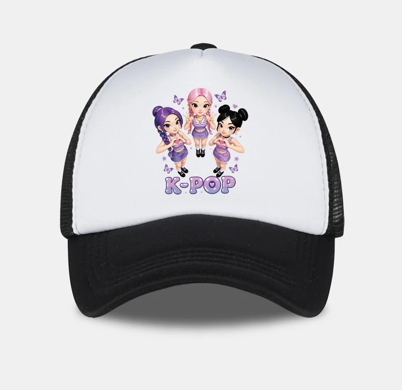 K-POP Cute Cartoon Girl Group Print Sponge Mesh Cap | Unisex Adjustable Mesh Baseball Cap | Y2K K-Pop Fan Street Style Sun Hat