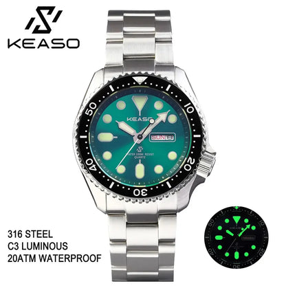 KEASO Top Men Dive Watch C3 Super Luminous 316L Solid Steel 20Bar Waterproof Sapphire Mirror MIYOTA 2035 Quartz Movement Watch
