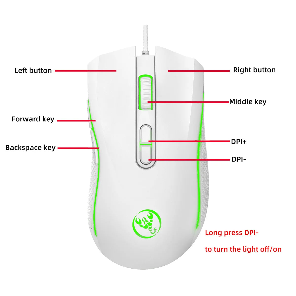 Scelta popolare HXSJ A869 mouse da gaming cablato ottico ergonomico RGB in ABS con regolazione della risoluzione a 4 livelli per laptop e PC