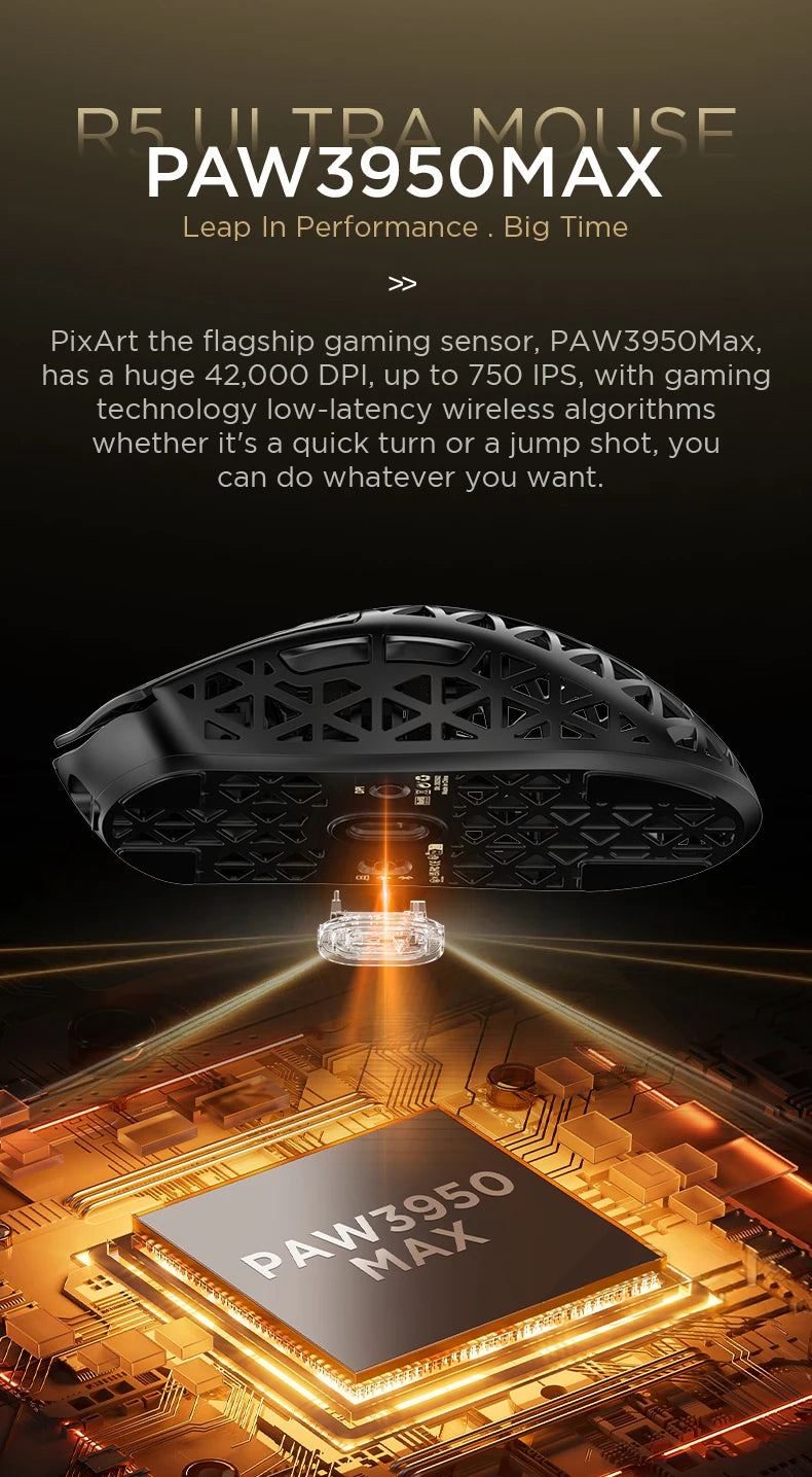 Rato Gaming Sem Fios ATTACK SHARK R5 Ultra Carbon Fiber, Sensor Gaming PixArt PAW3950MAX, 42000DPI, 8000Hz, MCU Nordic 52840