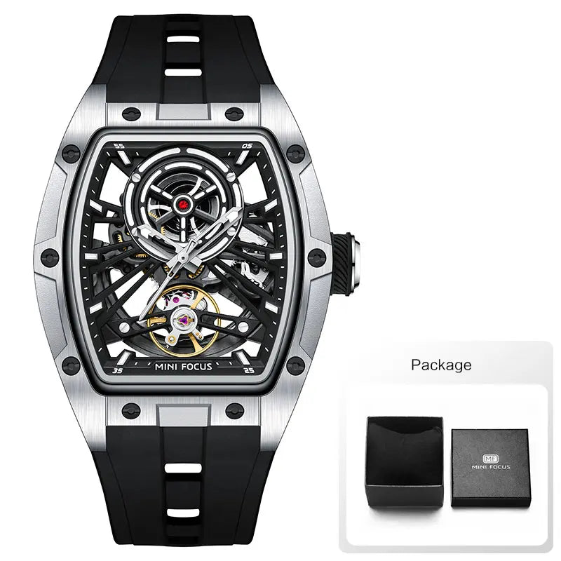 MINI FOCUS Herren-Armbanduhr, modisch, schwarz, wasserdicht, automatische mechanische Uhr mit Leuchtzeigern, Silikonarmband und Tonneau-Zifferblatt