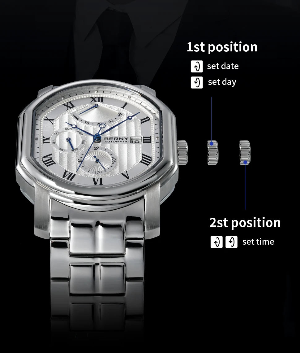BERNY Men's Mechanical Watch, Top Accuracy, Automatic Wristwatch, Luxury Male Clock, Sapphire, Self-Winding, Waterproof