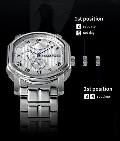 BERNY Men's Mechanical Watch, Top Accuracy, Automatic Wristwatch, Luxury Male Clock, Sapphire, Self-Winding, Waterproof