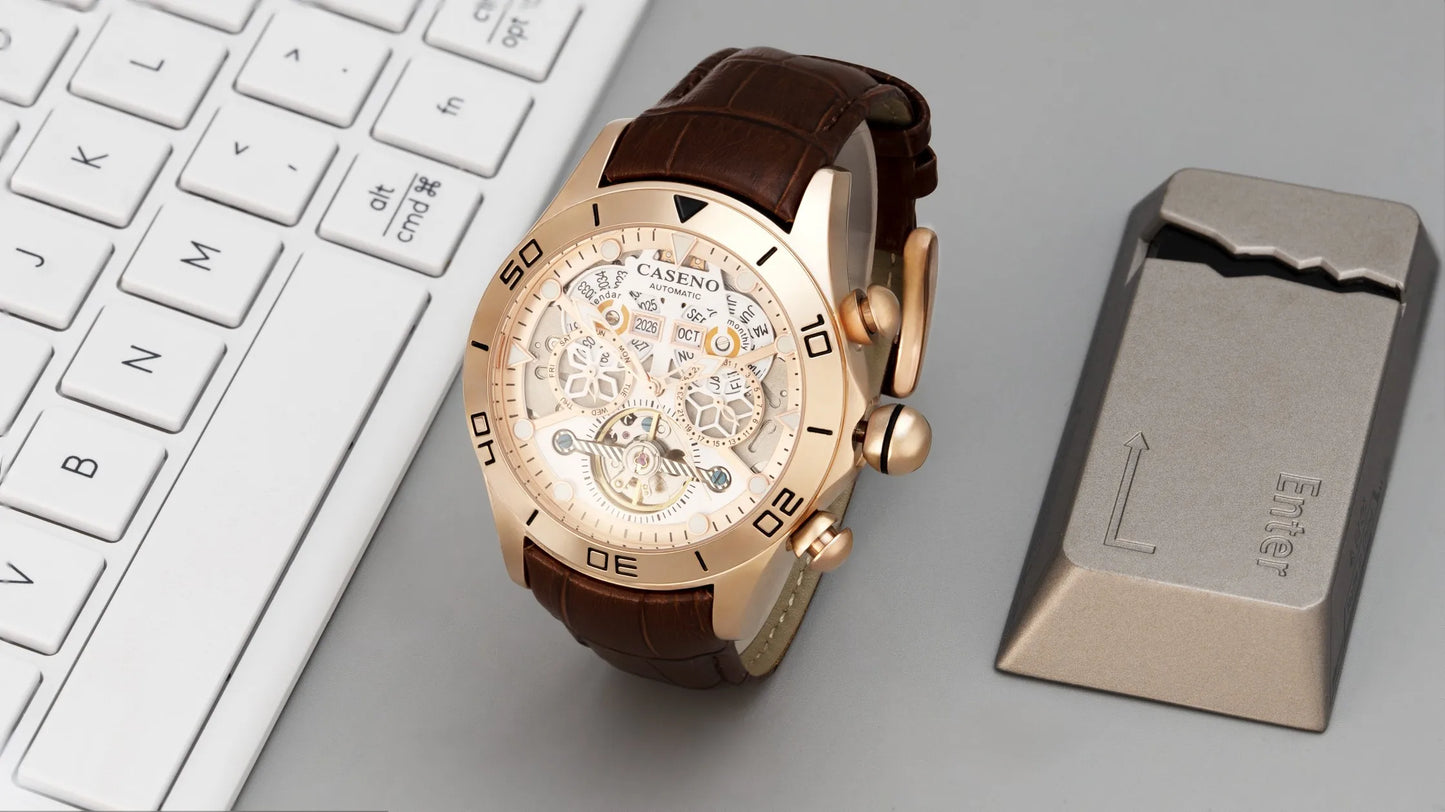 CASENO Brand Bubble Perpetual Calendar Fully Automatic Tourbillon Large Dial Mechanical Watch Belt Watch -58284G