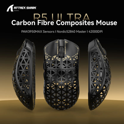 Mouse gaming wireless ATTACK SHARK R5 Ultra in fibra di carbonio 8K, 39g SUPERLIGHT, sensore gaming PixArt PAW3950MAX, polling wireless 8000Hz