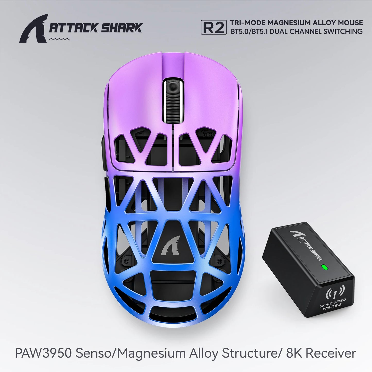 Attack Shark R2 bezdrôtová herná myš PAW3950 8K z horčíkovej zliatiny, ľahká herná myš Bluetooth Tri-Mode na hranie/prácu v kancelárii