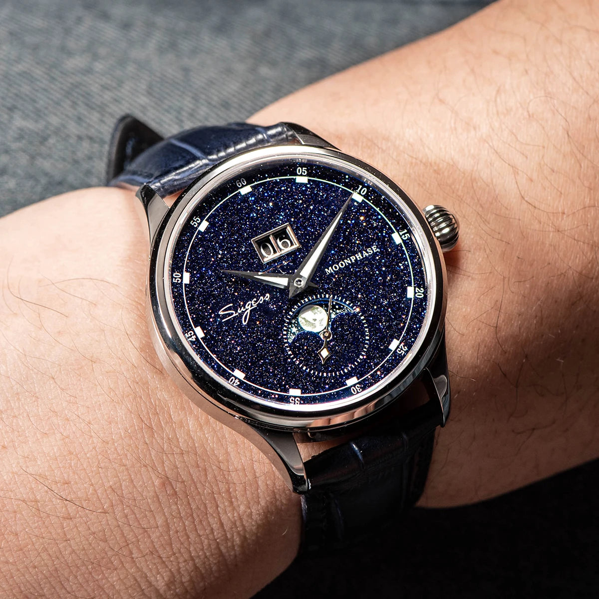 Sugess Moonphase Watch of Men 40mm Automatic Mechanical Wristwatches Seagul ST2528 Movement Stainless Steel Blue Sandstone Dial
