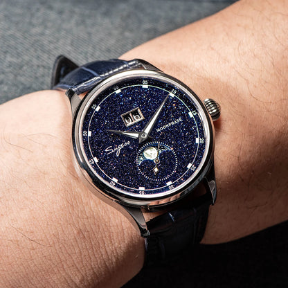 Sugess Moonphase Watch of Men 40mm Automatic Mechanical Wristwatches Seagul ST2528 Movement Stainless Steel Blue Sandstone Dial