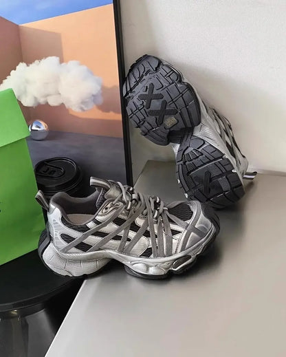 Spring Summer New Style Men and Women Dad Shoes, Thick Bottom Net Surface Sports Shoes, Trendy, Versatile, Breathable Tie Shoes