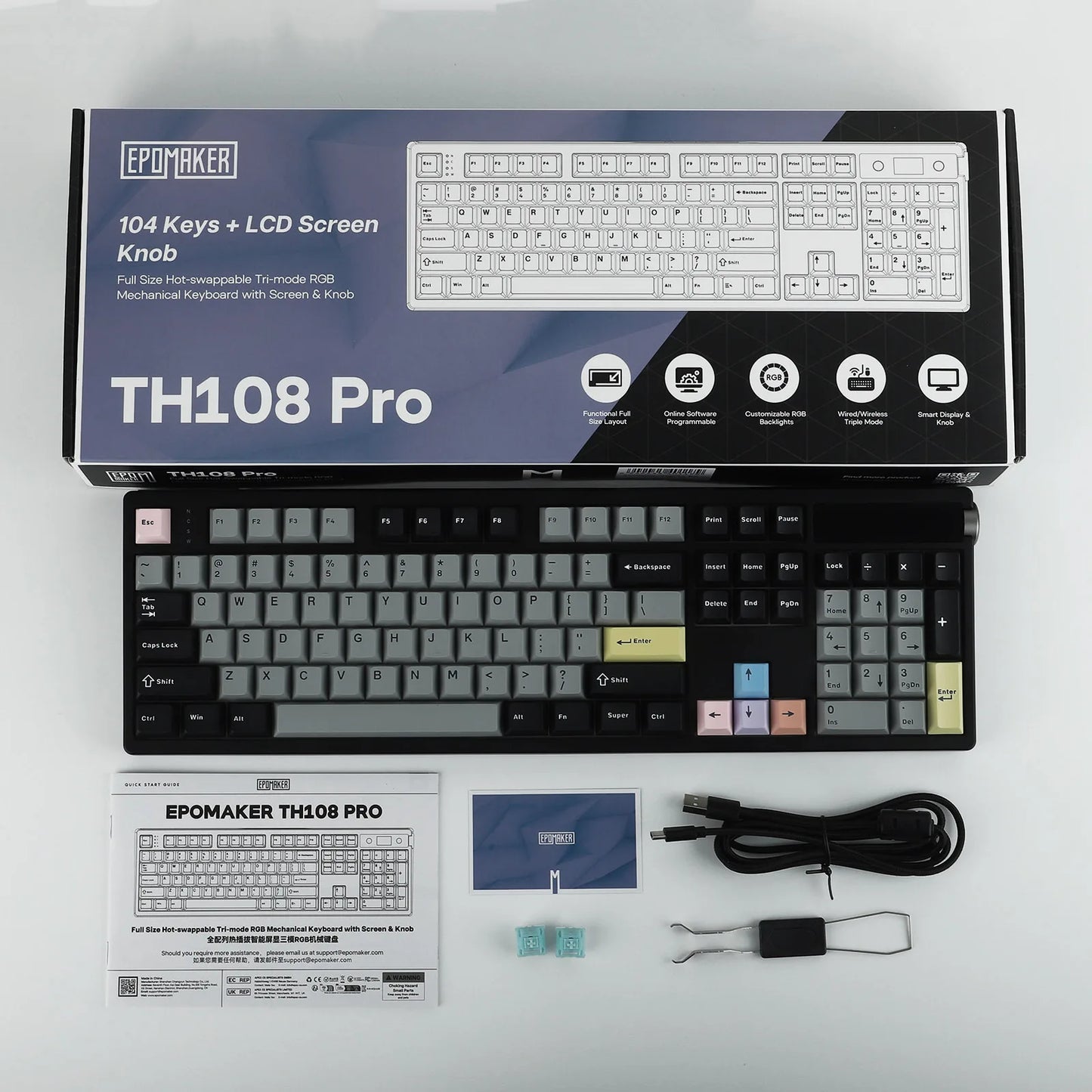 Teclado Mecânico EPOMAKER TH108 PRO 100% Full-Size Hot-Swap com Fio/BT/2.4Ghz sem Fios, Ecrã, Botão Rotativo e Bateria de 10000mAh