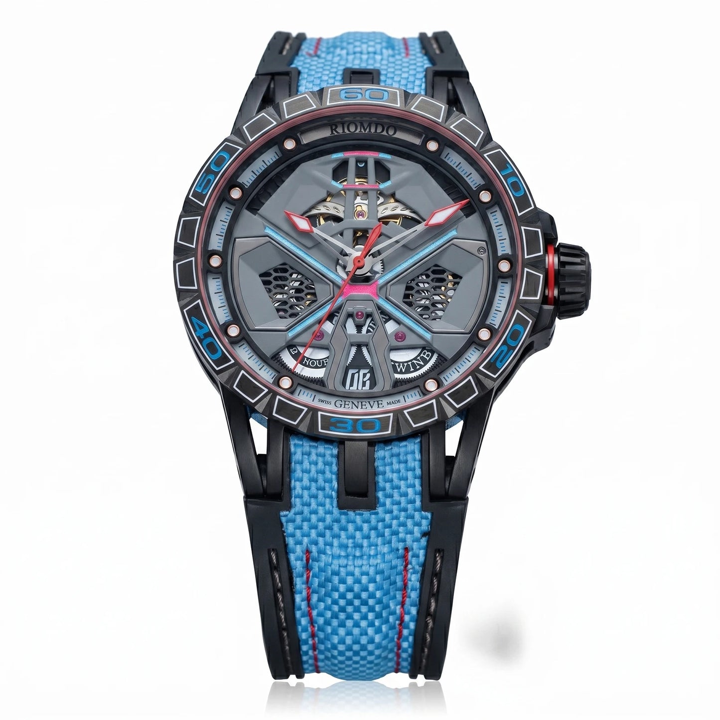 OBLVLO Men's Luxury Machinery Skeleton Mechanical Automatic Watches Analog Big Dial Blue Rubber Band Military Watch RD-909