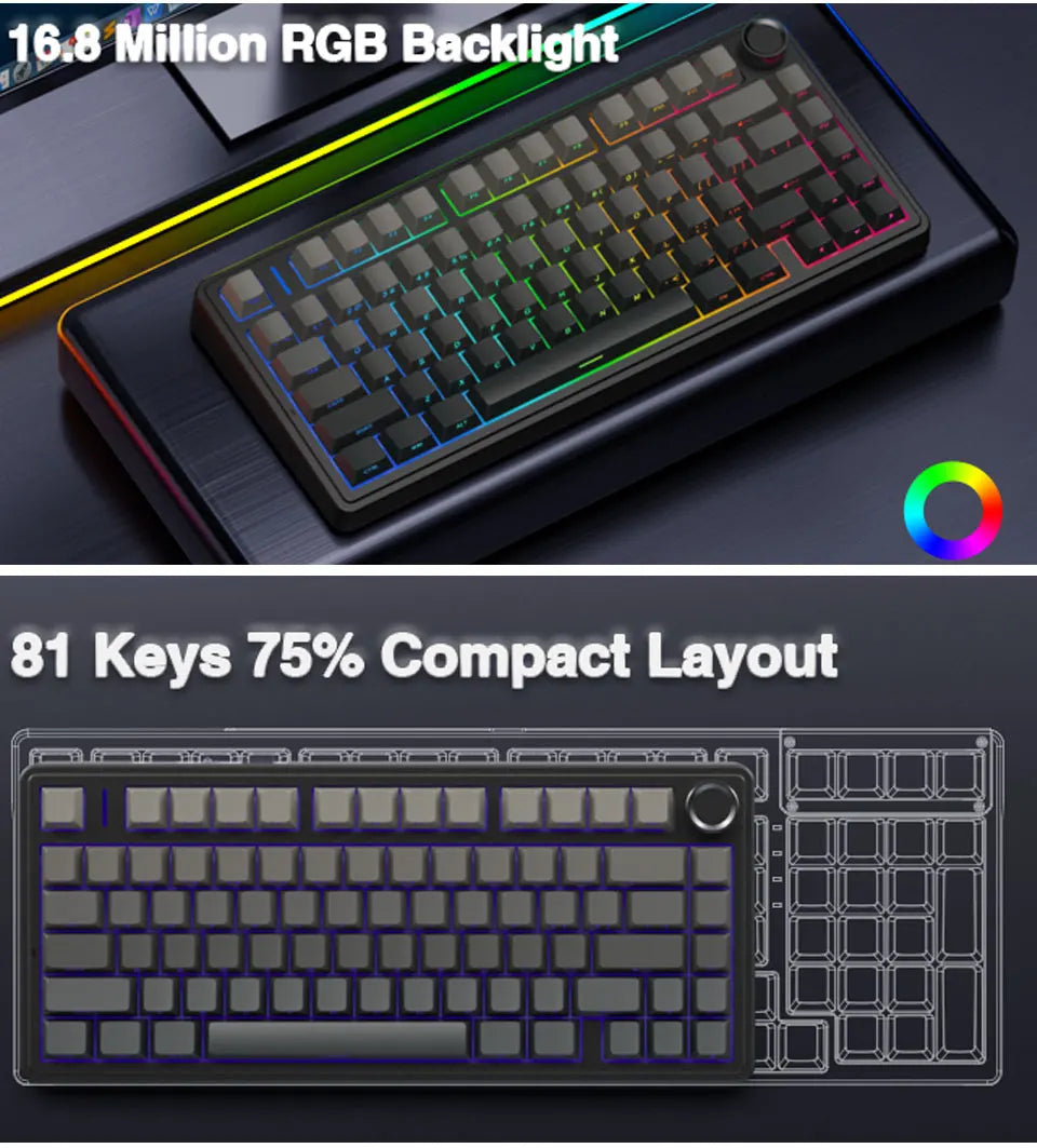 Teclado mecânico gaming AULA F75 RGB personalizado, layout 75%, gravação lateral, montagem gasket, 80 teclas, keycaps PBT em gradiente