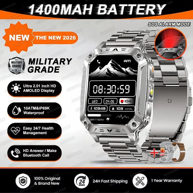2026 TANK New 1400mAh Military GPS Smart Watch Men 2.01" AMOLED Screen 10ATM Waterproof Clock SOS Call Flashlight Smartwatch iOS