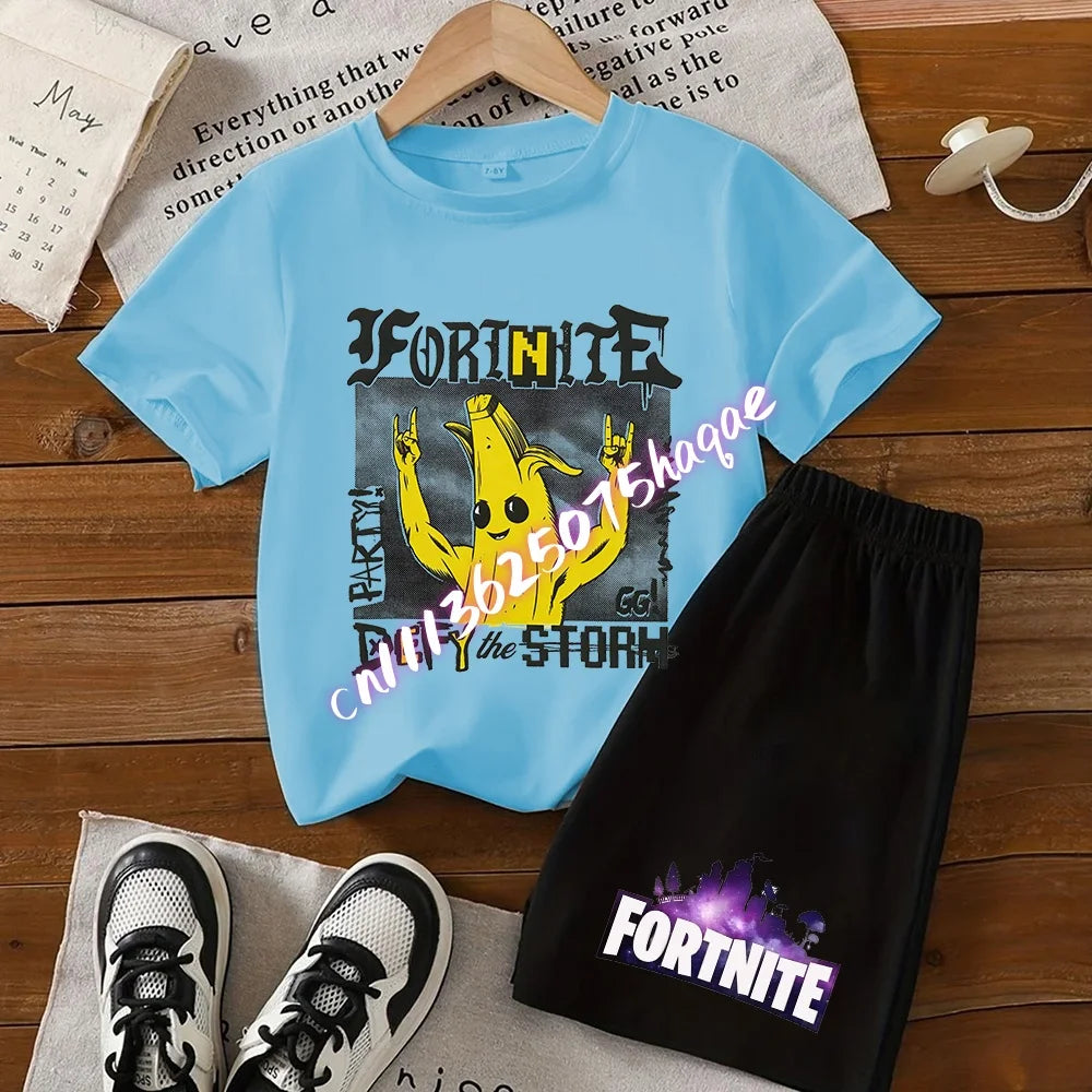Conjunto de T-shirt e calções Fortnite Series para criança, top e calças inspirados em jogo popular, outfit de verão para casa, confortável e adorável, presente de aniversário