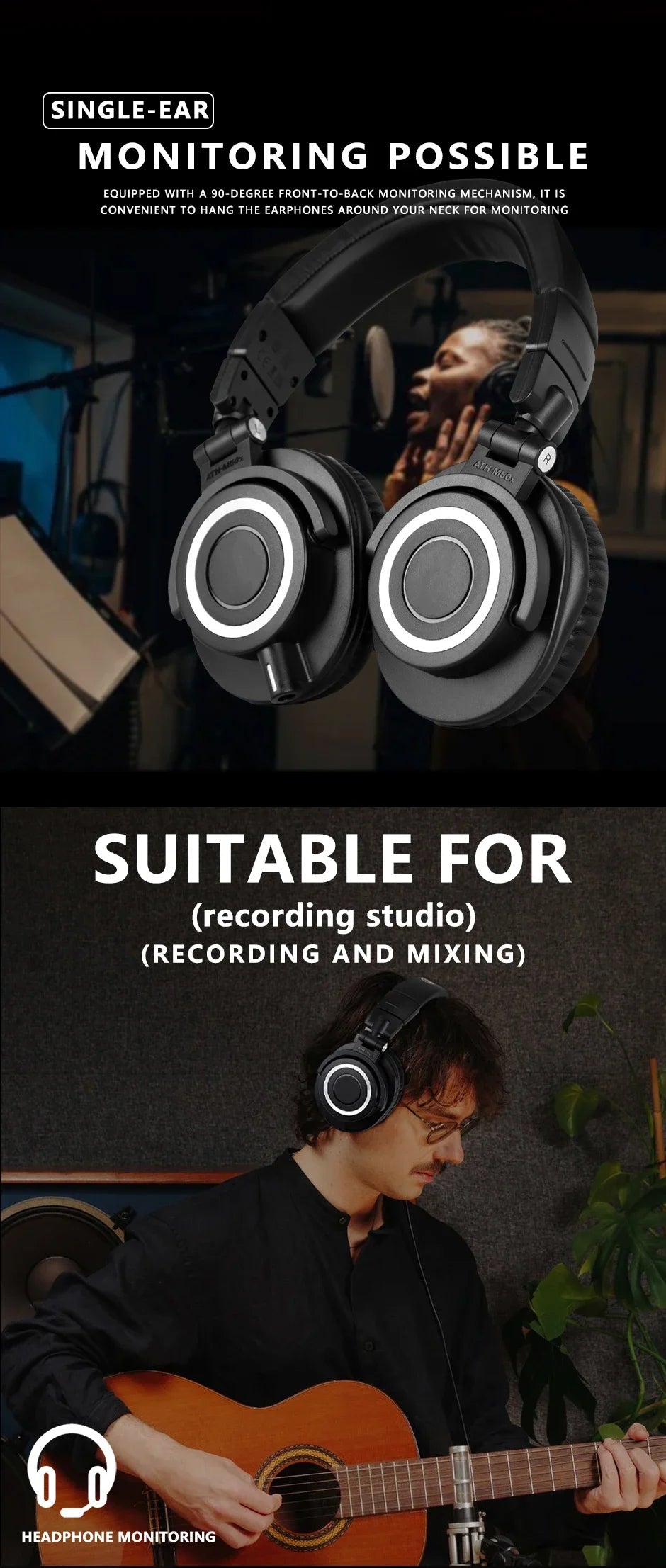 Sanpusen ATH M50X Over-Ear Wired Headphones Professional Monitor Studio Recording Mixing Monitoring HiFi Sound