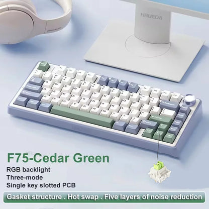 Teclado mecânico gaming AULA F75 RGB personalizado, layout 75%, gravação lateral, montagem gasket, 80 teclas, keycaps PBT em gradiente