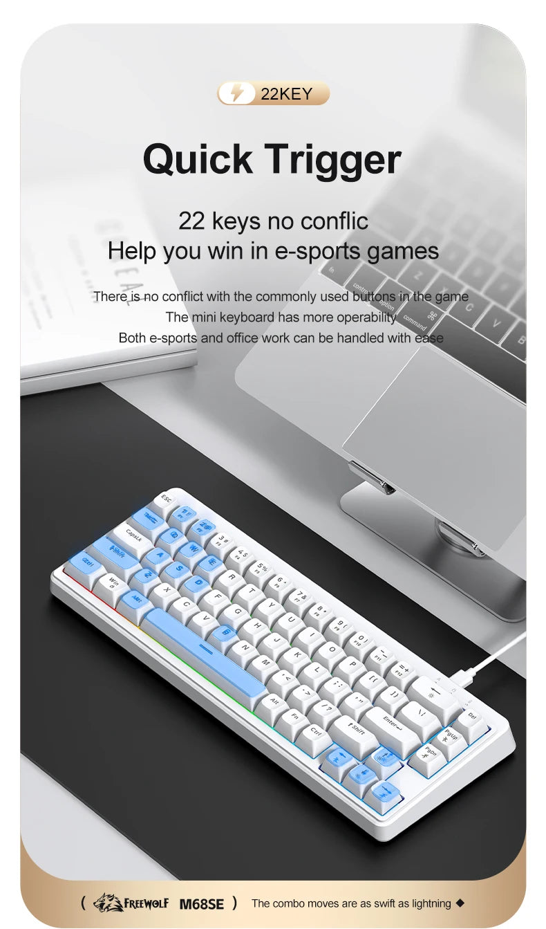 FREEWOLF M68SE 68 Key Mini Wired Keyboard RGB Backlit Type-C 68% Layout Compact Gaming Office PC Laptop