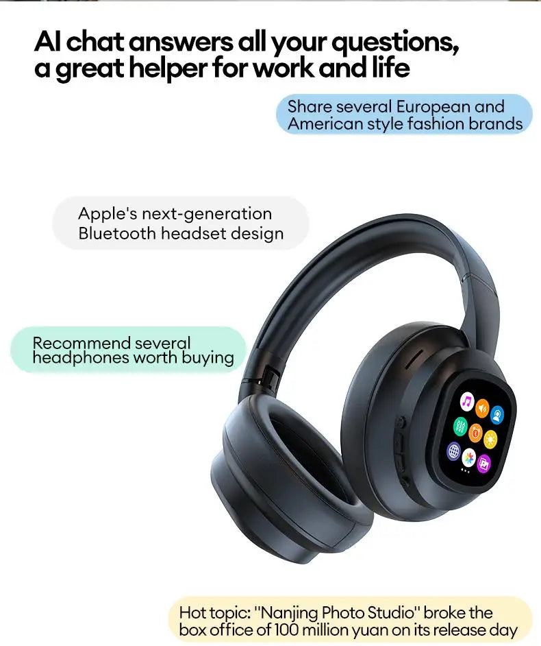 KI-LCD-Touchscreen kabellose Bluetooth-Kopfhörer – ANC-Geräuschunterdrückung, tiefer Bass, Gaming-Headset mit HD-Mikrofon
