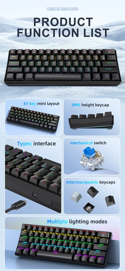 APAYADO K61 Mini Mechanical Keyboard, Wired, 61 Keys, Phantom RGB, Black/White Red/Blue Mechanical Switch for Gaming, 60% Portable