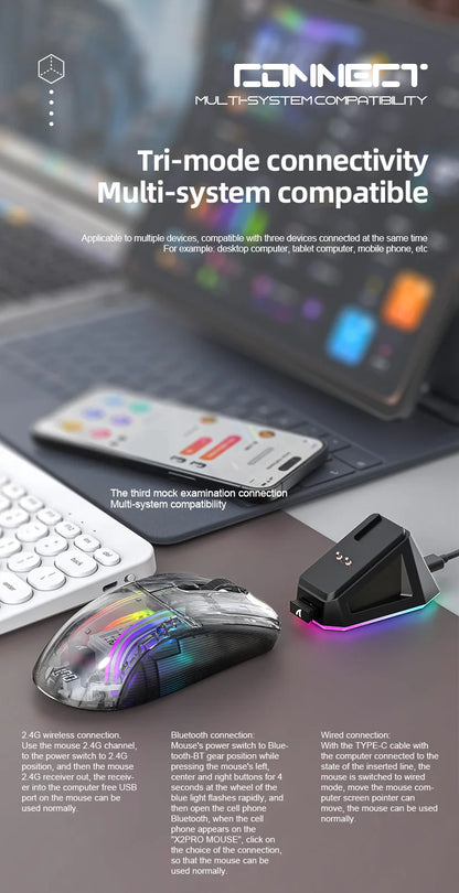 Attack Shark X2PRO Bluetooth Mouse, Tri-Mode, RGB Lights, Magnetic Charging, Transparent, Battery Indicator, Computer Phone