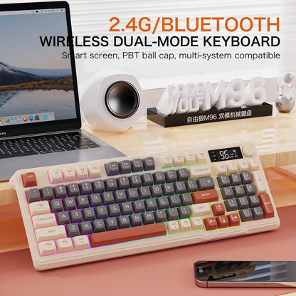 Teclado Sem Fios Bluetooth M96 FREEWOLF com Ecrã Digital, Retroiluminação RGB, Bateria de 2000mAh e Teclas PBT para PC/Portátil