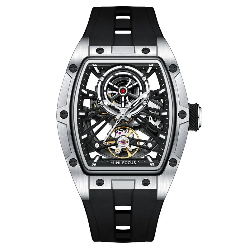 MINI FOCUS Herren-Armbanduhr, modisch, schwarz, wasserdicht, automatische mechanische Uhr mit Leuchtzeigern, Silikonarmband und Tonneau-Zifferblatt
