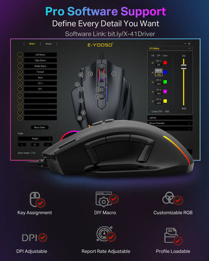 E-YOOSO X-41 Pro USB Wired Gaming Mouse RGB Backlit 12400 DPI 11 Buttons Programmable Ergonomic Mice for Work Computer PC Laptop