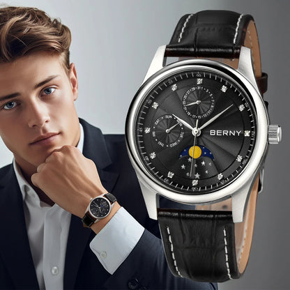 BERNY Men's Watch Date Weeks Moon Phase Quartz Watches for Men Stainless Steel Leather Strap Business Wristwatch Male Clock