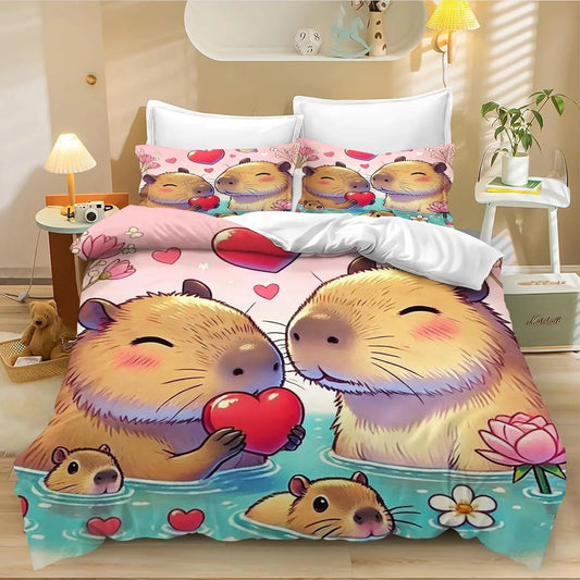 Juego de cama de carpincho de dibujos animados de 4 piezas, funda nórdica y funda de almohada, para adultos, niños y niñas, decoración de dormitorio infantil, tamaño individual y doble