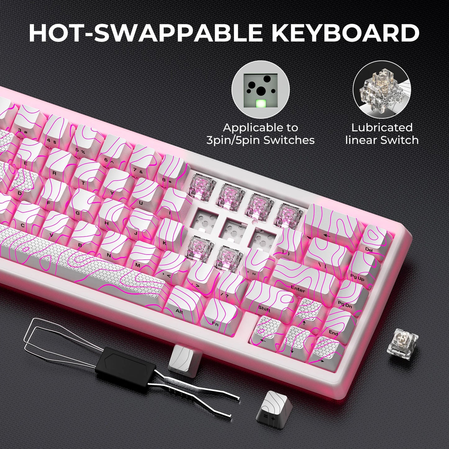 Teclado Mecânico Sem Fios XVX M67 JadeStone com Teclas IMD-Tech Tri-Mode, Teclado Gamer Branco Topographic com Design Gasket