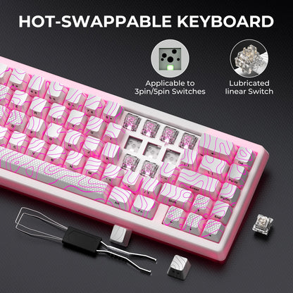 Teclado Mecânico Sem Fios XVX M67 JadeStone com Teclas IMD-Tech Tri-Mode, Teclado Gamer Branco Topographic com Design Gasket