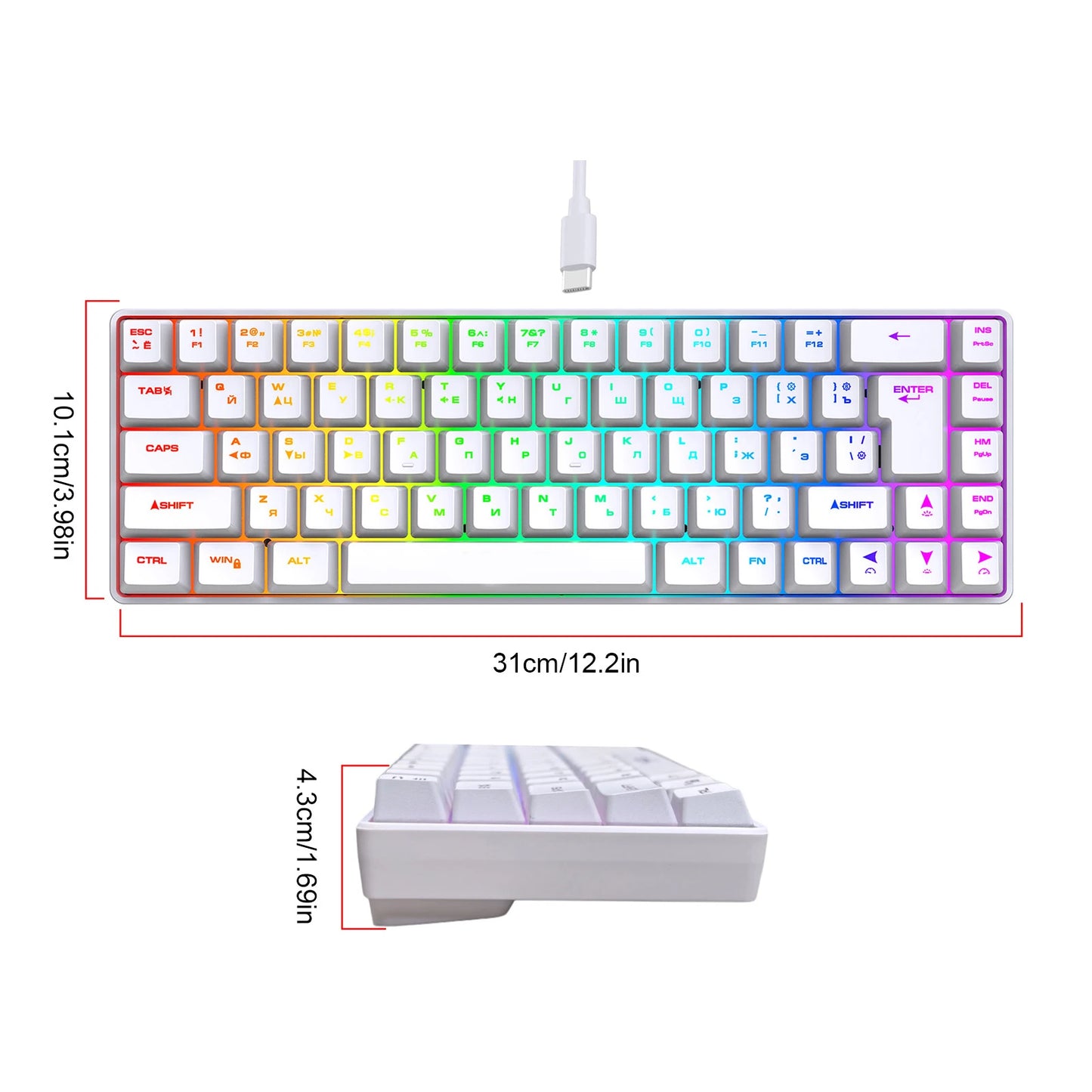 Teclado Mecânico Gaming Russo-Inglês de 68 Teclas, Teclado Bilingue com Retroiluminação RGB para Gaming