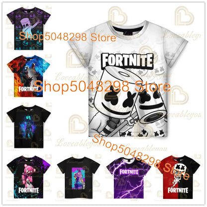 T-shirt infantil de verão Cartoon Fortnite com impressão 3D, para meninos e meninas, estilo streetwear, roupa para adultos e crianças, t-shirt divertida com gola redonda