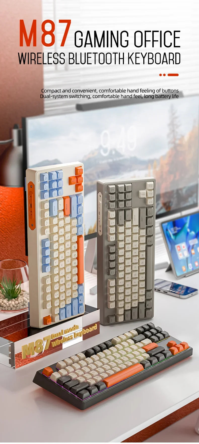 Teclado M87 Sem Fios Bluetooth de Modo Duplo, Sensação Mecânica para Gaming e Escritório, Silencioso, Teclas PBT Ball Cap, Luz Arco-Íris
