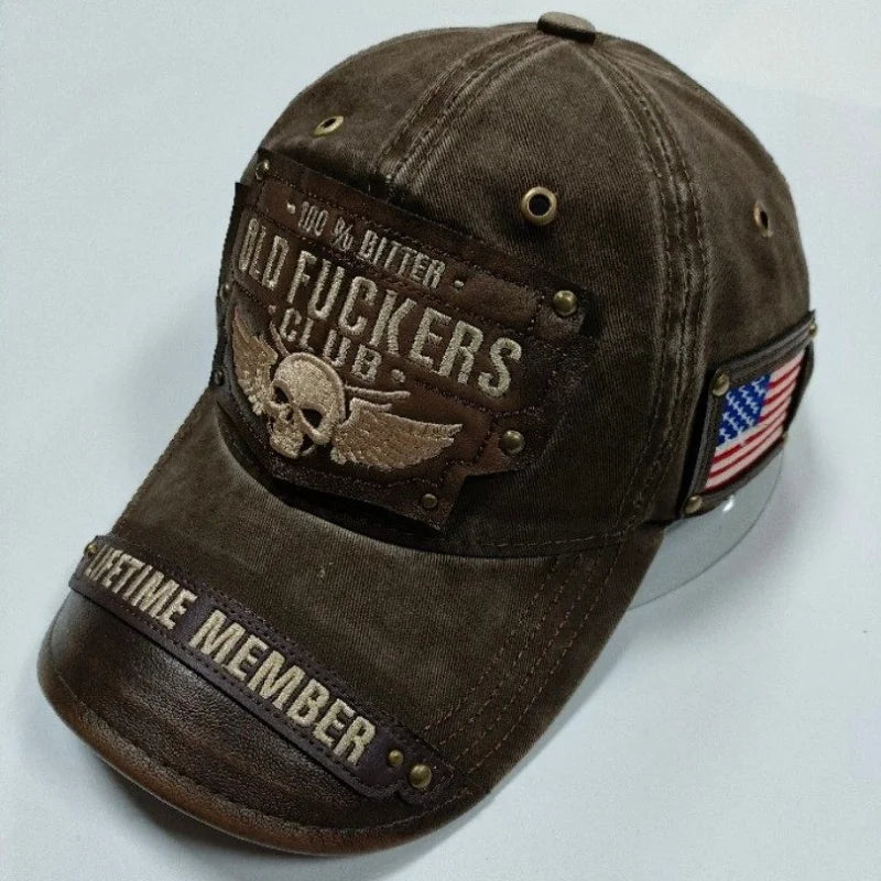 American Distressed Cotton Baseball Cap with Unique Embroidered Lettering Skeleton Motorcycle Style baseball Hat Outdoor Sun Hat