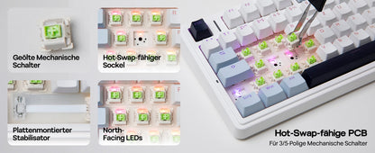Teclado mecânico sem fios EPOMAKER x AULA F75 ISO-DE com conectividade tri-modo, layout alemão QWERTZ e bateria de 4000 mAh