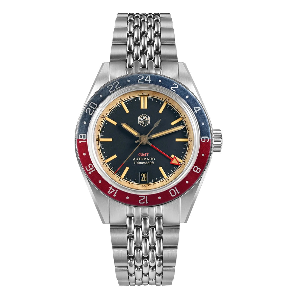 Orologio da uomo automatico San Martin 39.5mm Limited Edition con quadrante Full Lume, NH34 GMT, data a ore 6, 10Bar, Kol Saati di lusso SN0116W