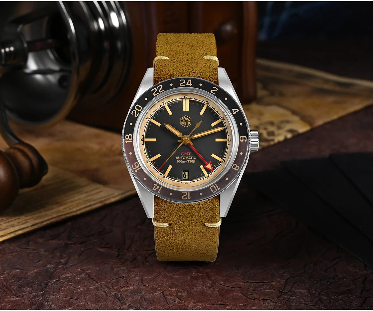Orologio da uomo automatico San Martin 39.5mm Limited Edition con quadrante Full Lume, NH34 GMT, data a ore 6, 10Bar, Kol Saati di lusso SN0116W