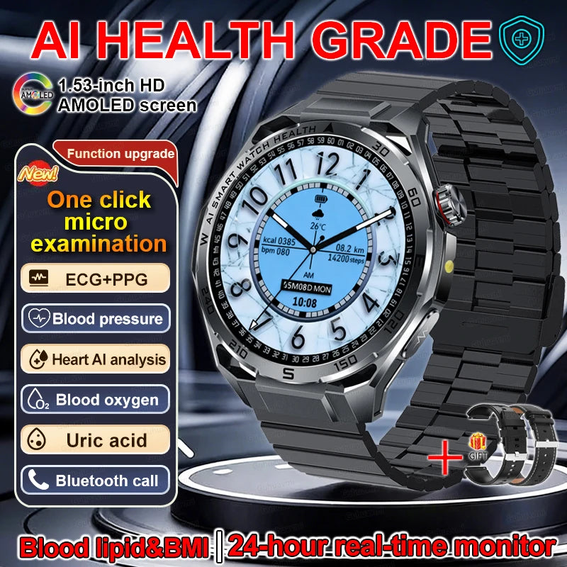 Smart Watch Men High-end Health Blood Pressure Blood Oxygen Lipids Uric Acid Sapphire Smart Watches Ai GPT Custom Dial ECG 2026