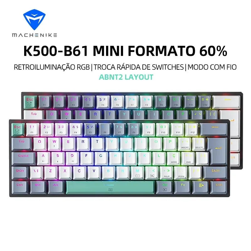 Teclado Mecânico Mini Machenike K500-B61 60% Layout ABNT2, Retroiluminação RGB, Hot-swappable, NKRO, Teclado Gaming com Fios para PC Gamer