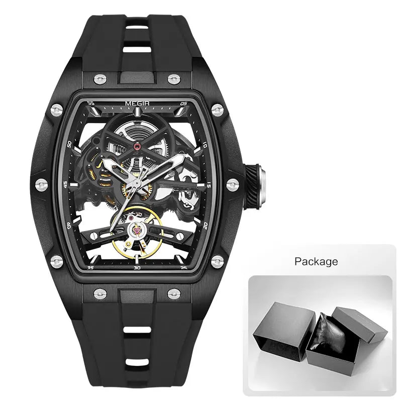 MEGIR 2242 Blue Automatic Watch for Men Sport Waterproof Stainless Steel Mechanical Wristwatch with Silicone Strap Skeleton Dial