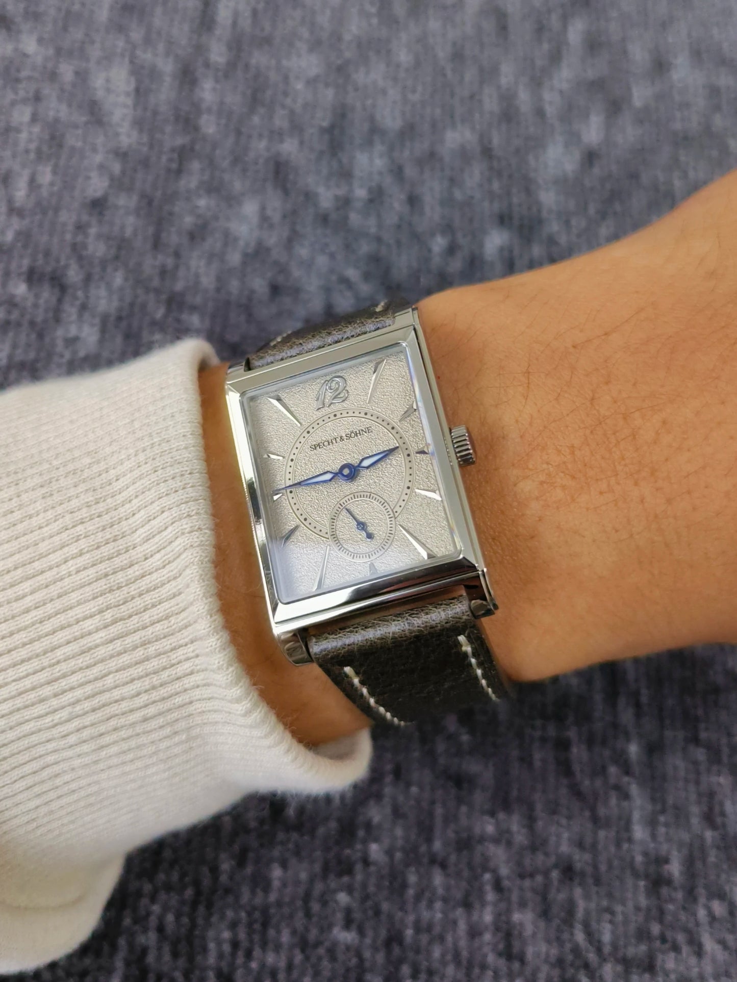 2026 Specht&Söhne Ultra Thin 7.5mm Rectangular Watch Japan Quartz Movement Small Seconds Sandblasted Dial Grey Leather Strap Watch